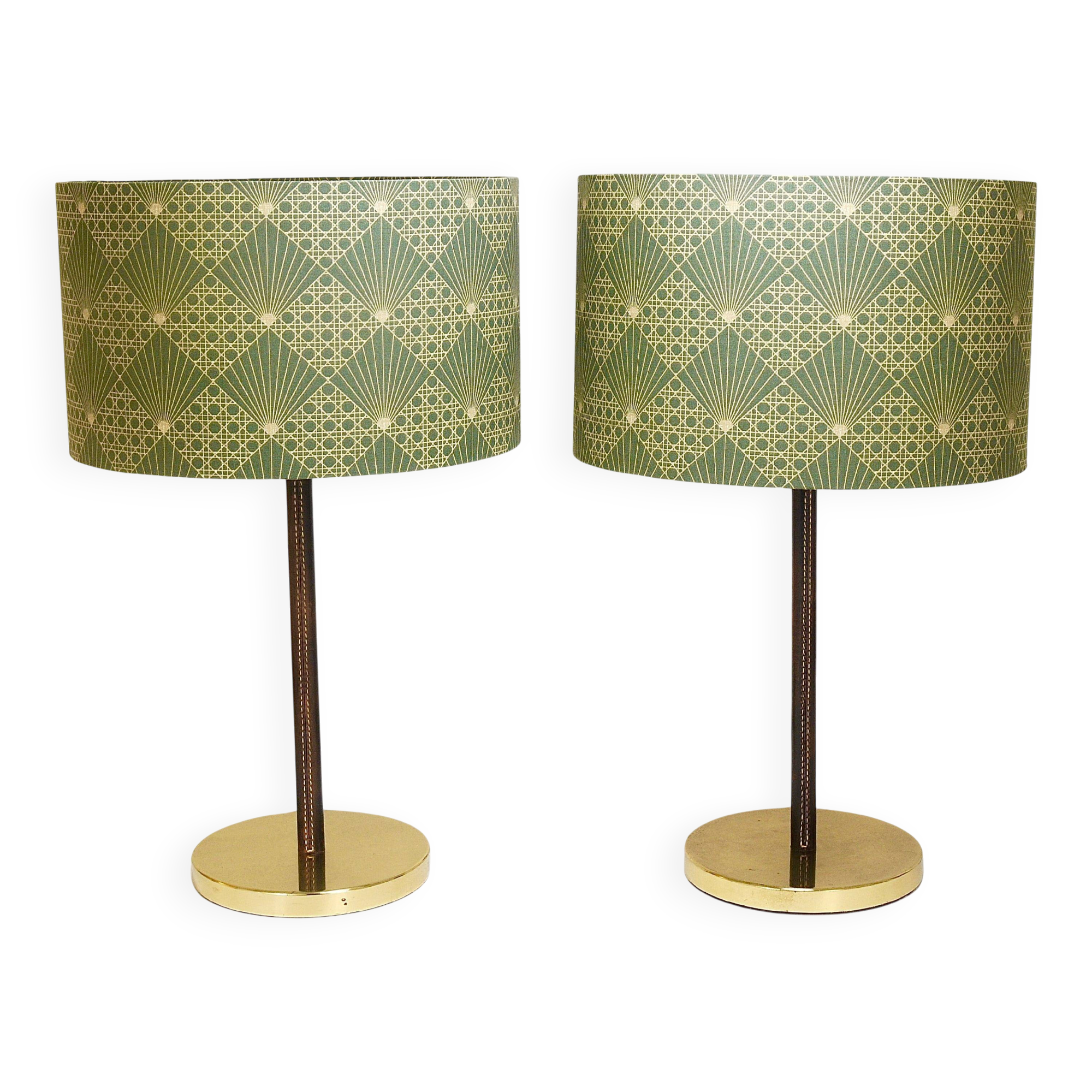 Pair of table lamps or accent lamps in brass and leather by J.T. Kalmar, Mid-Century, Austria, 1960s.