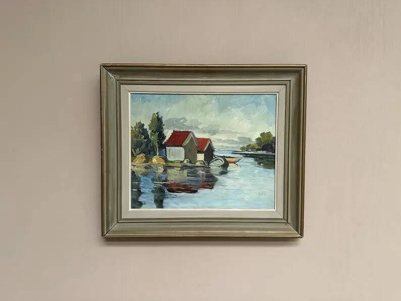 Original Swedish Oil on Canvas – "Houses and Trees", Unknown Artist – Signed, Vintage and Framed – 53.5 x 46 cm (21 x 18 inches)