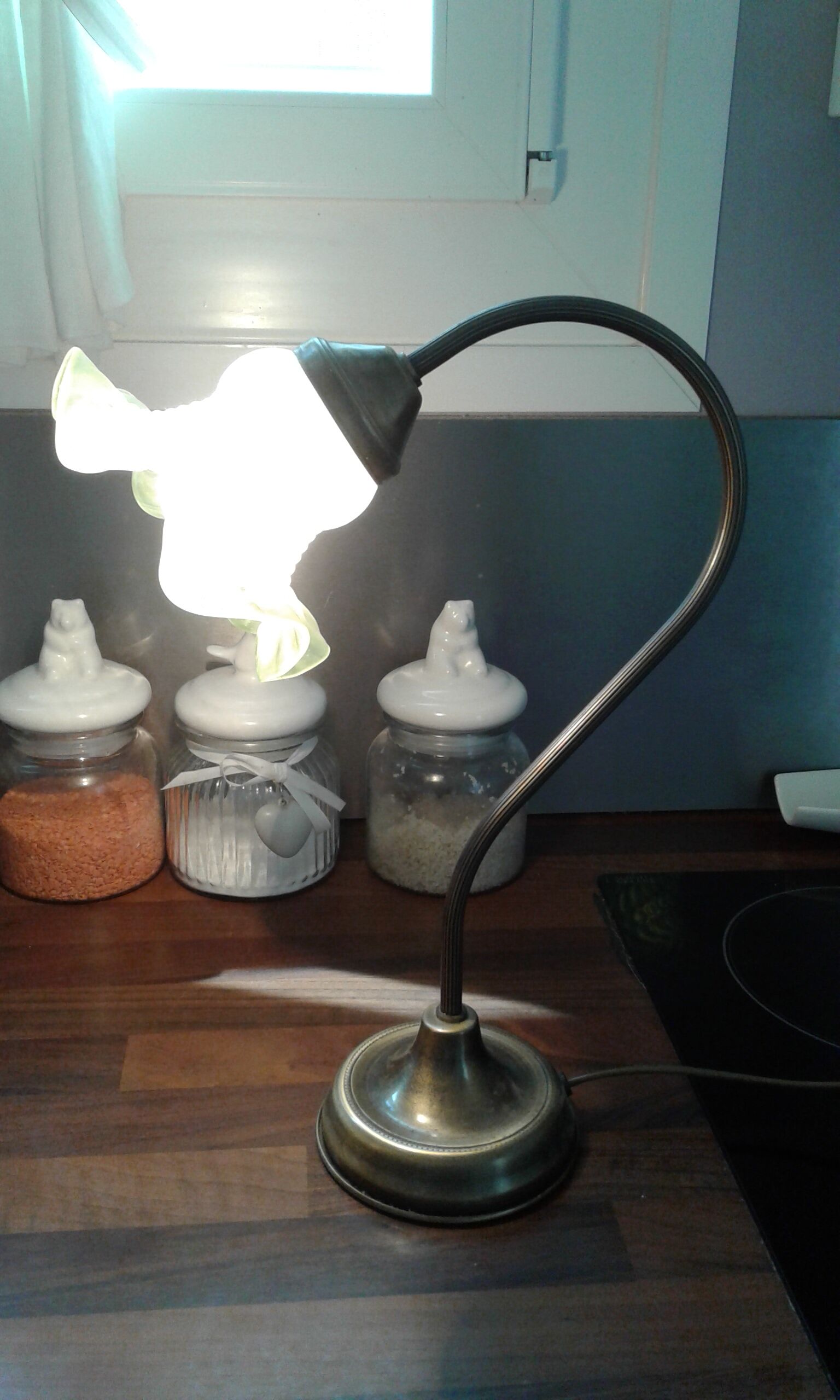 Lampe à poser abat jour fleur à  bord vert vintage