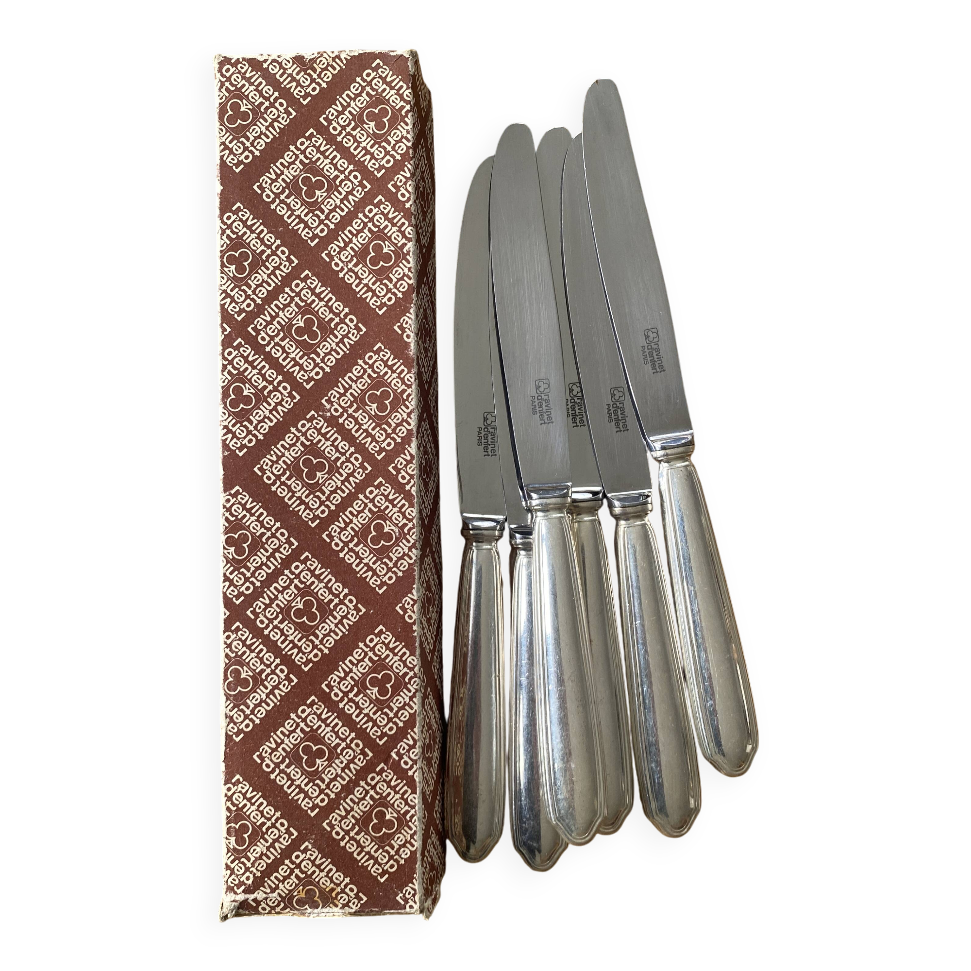 6 Ravinet d'Enfert knives with silver metal handle and stainless steel blade