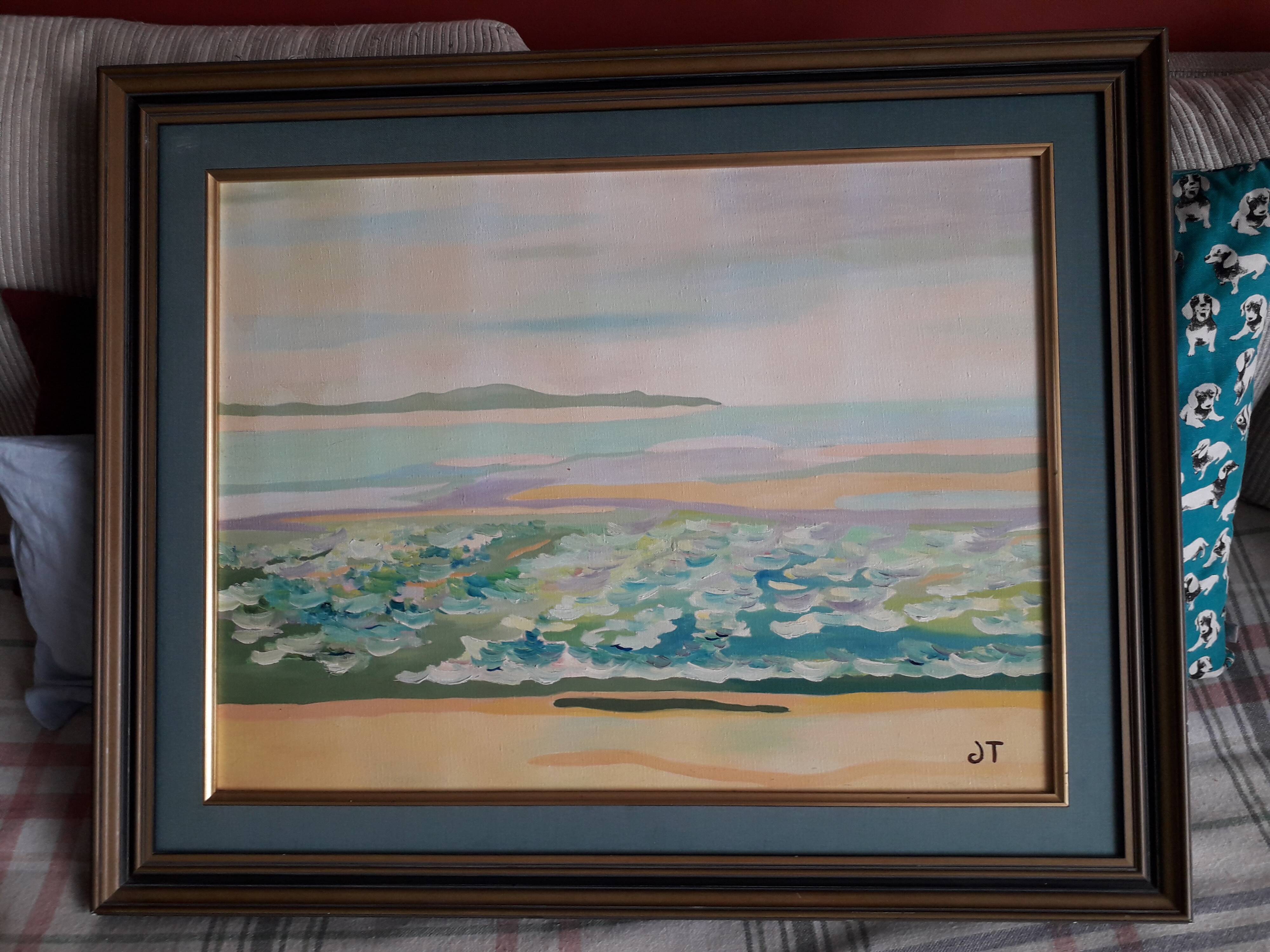 Old painting in oil on canvas depicting a seaside.