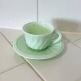 Mint Green Opaline Teacup and Saucer with Swirl Motif, Made in France