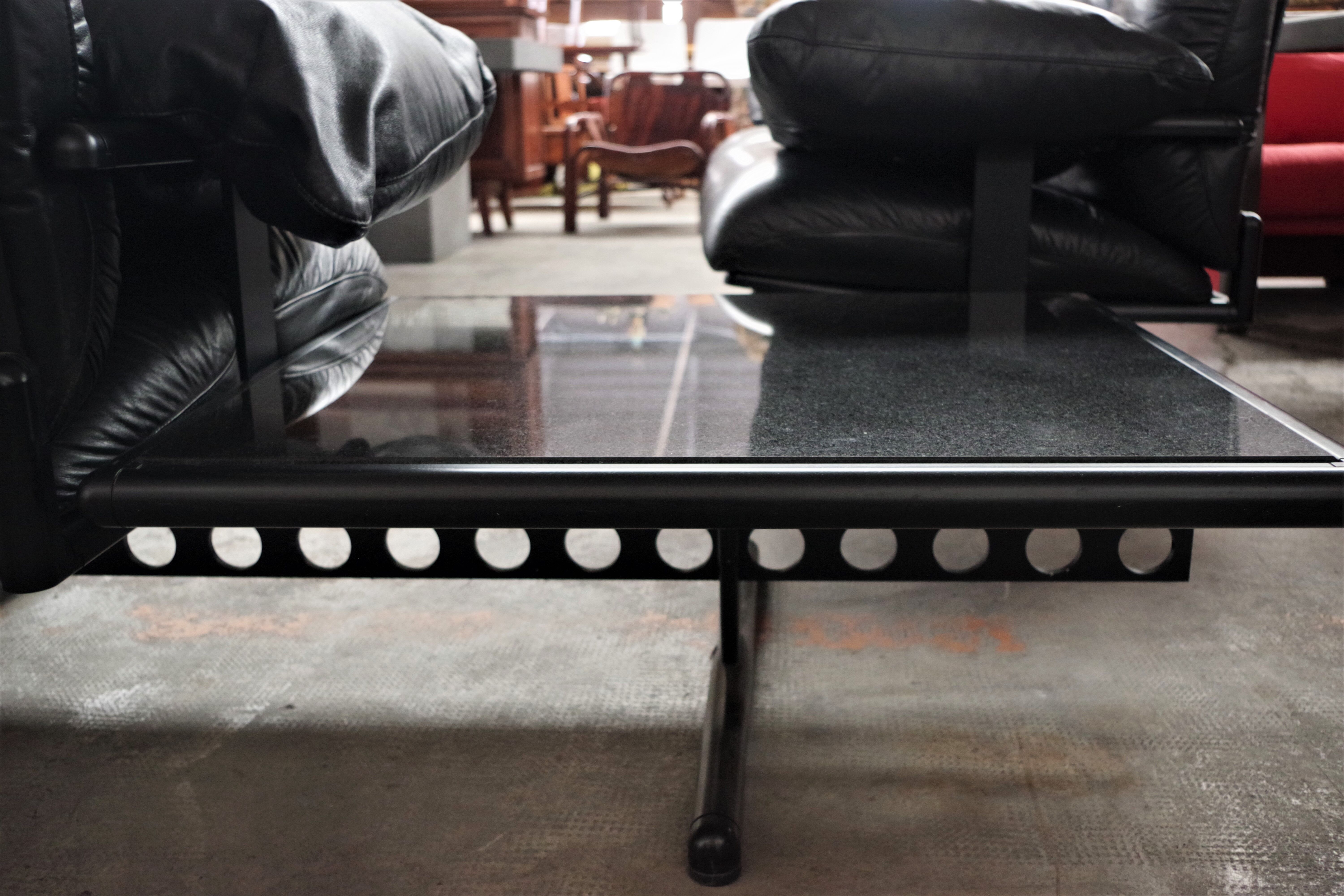 Corner sofa opening in leather and coffee table in marble by pierluigi cerri for frau, 1980s