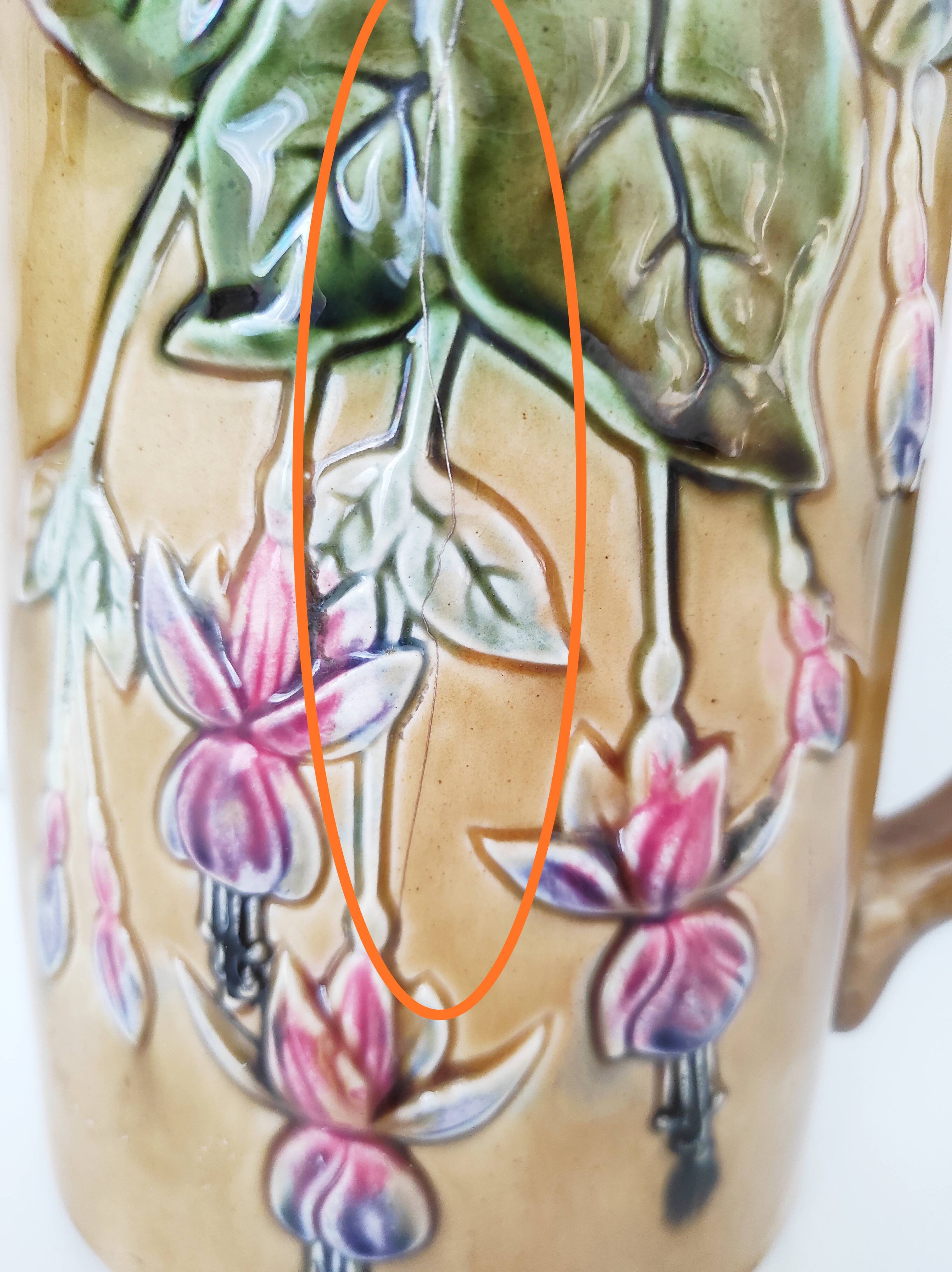 1900 earthenware pitcher with pink flowers