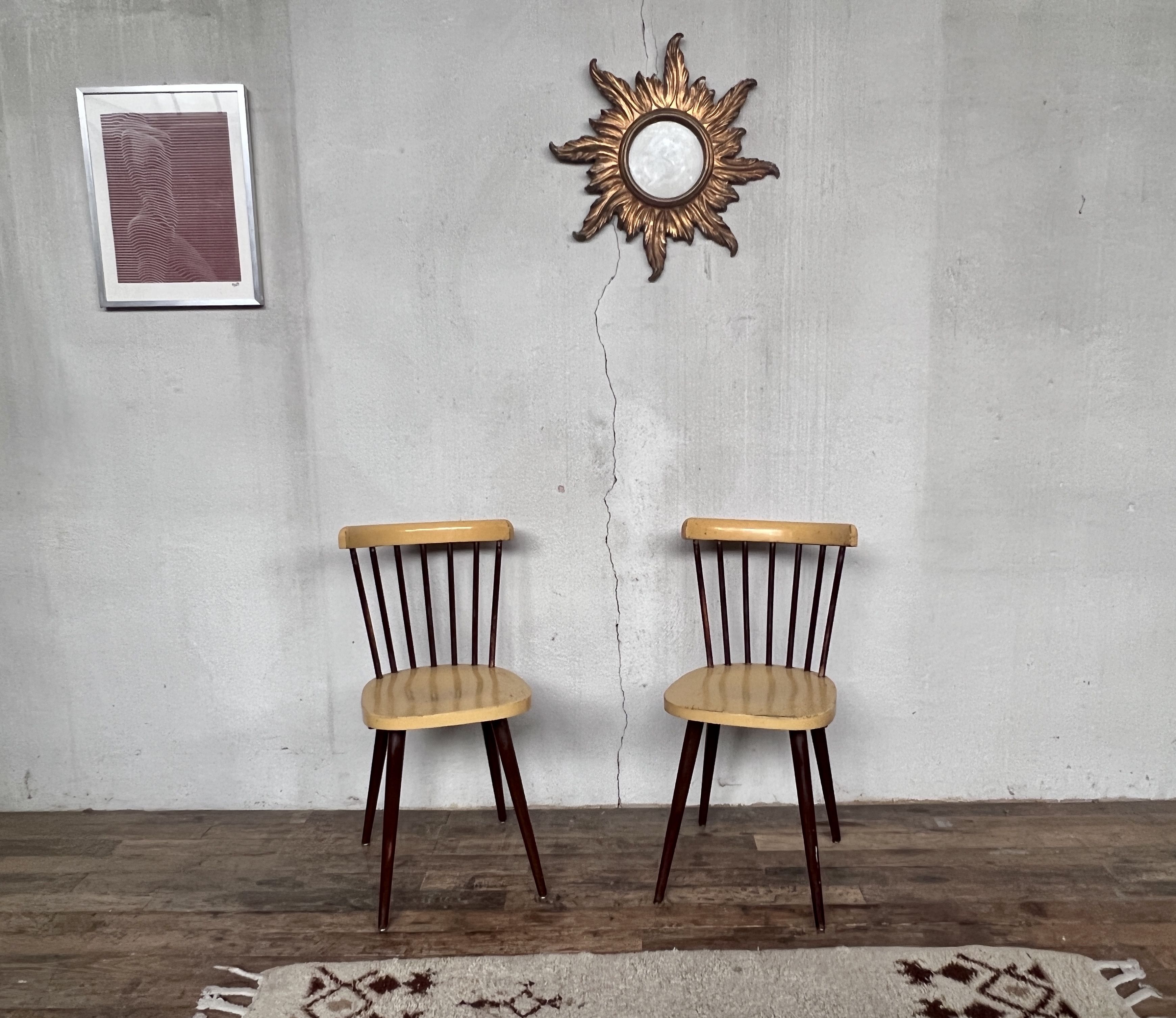 Pair of Baumann bistrot troquet chairs in yellow and brown wood