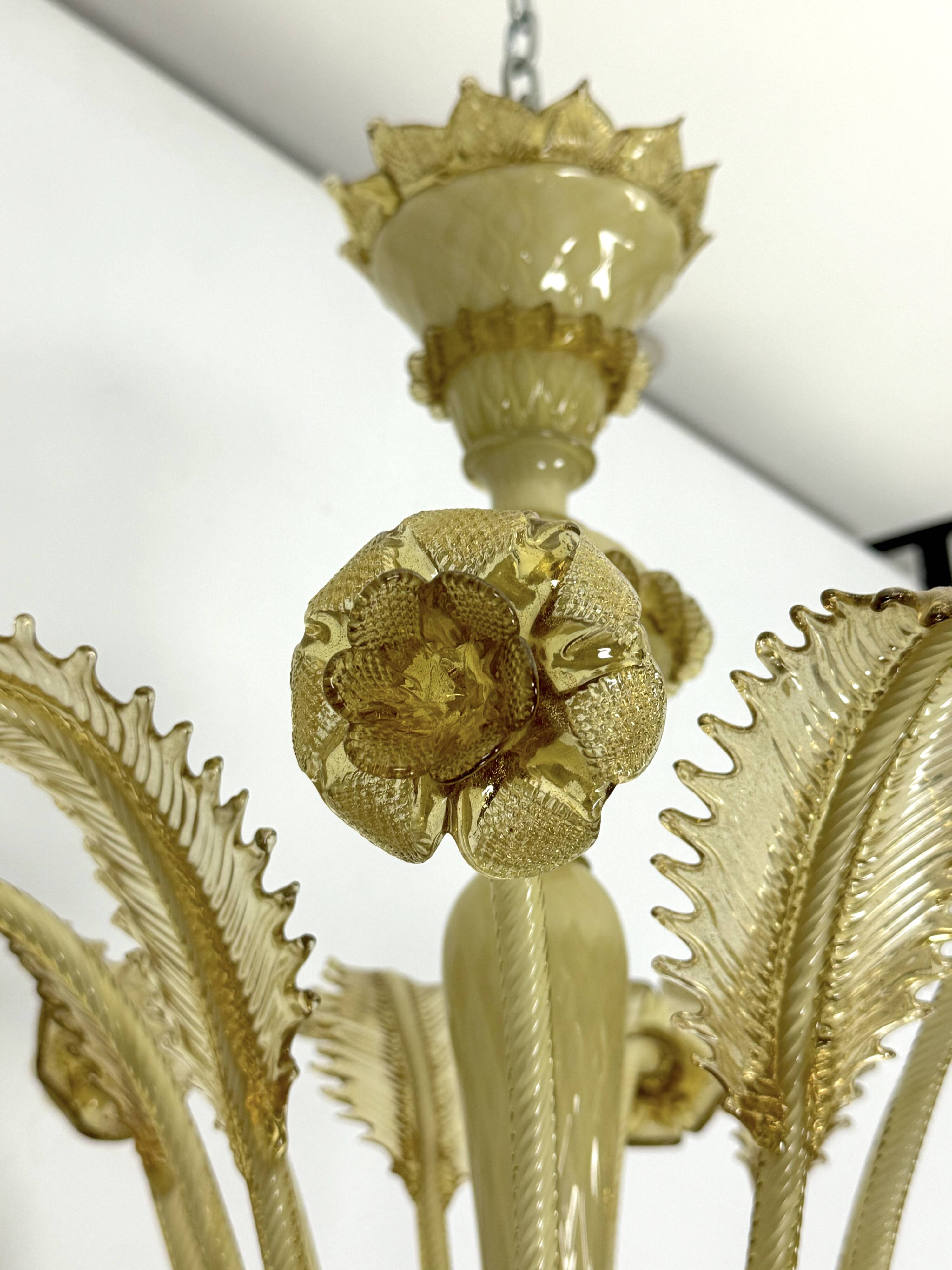 Vintage 6 arms handcrafted floral Murano glass chandelier with gold. Italy 1950s