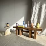 Solid wood bench with openwork base crossed by a cylinder - Mango wood