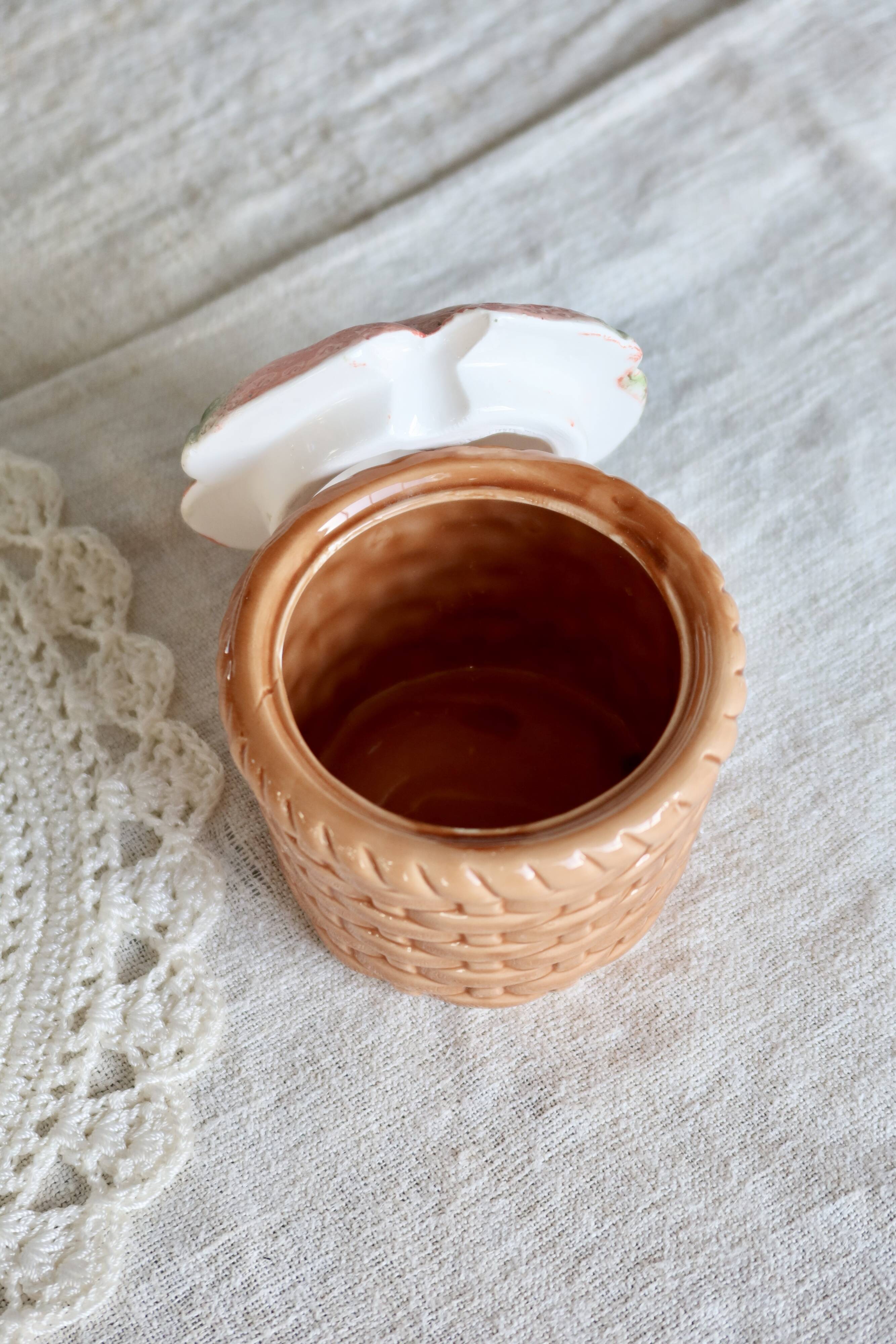 Small vintage ceramic sugar bowl with strawberry motif