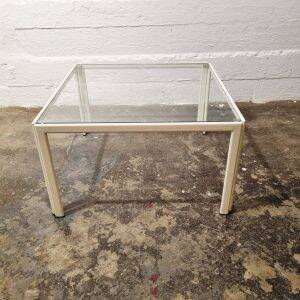 Small white lacquered metal coffee table with glass top, 1970s