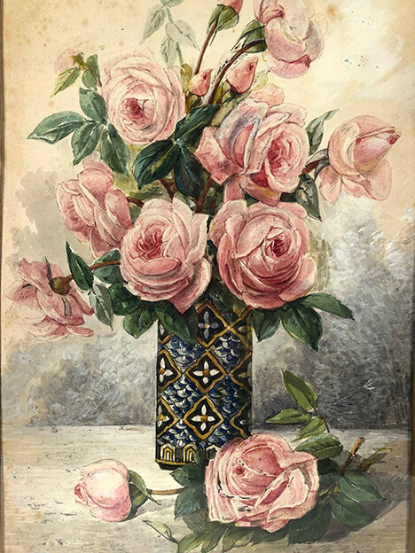 Watercolor "Bouquet of roses", framed and signed