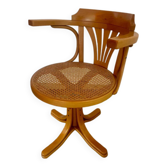 Old “American” office armchair in blond oak wood, curved cannage design, 60s vintage