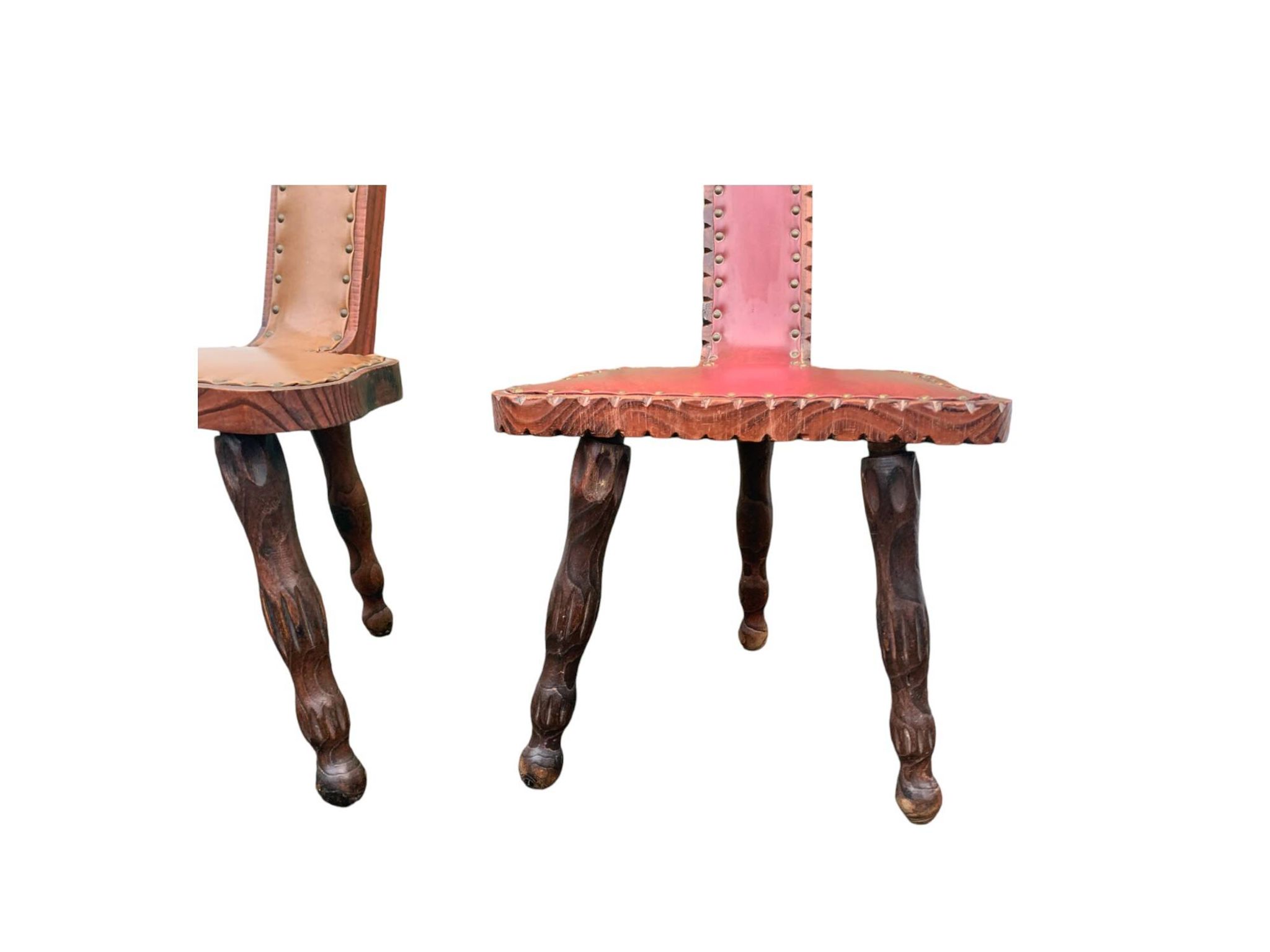 Pair of vintage French three-legged chairs with Breton style backrest, wooden seat 1960s