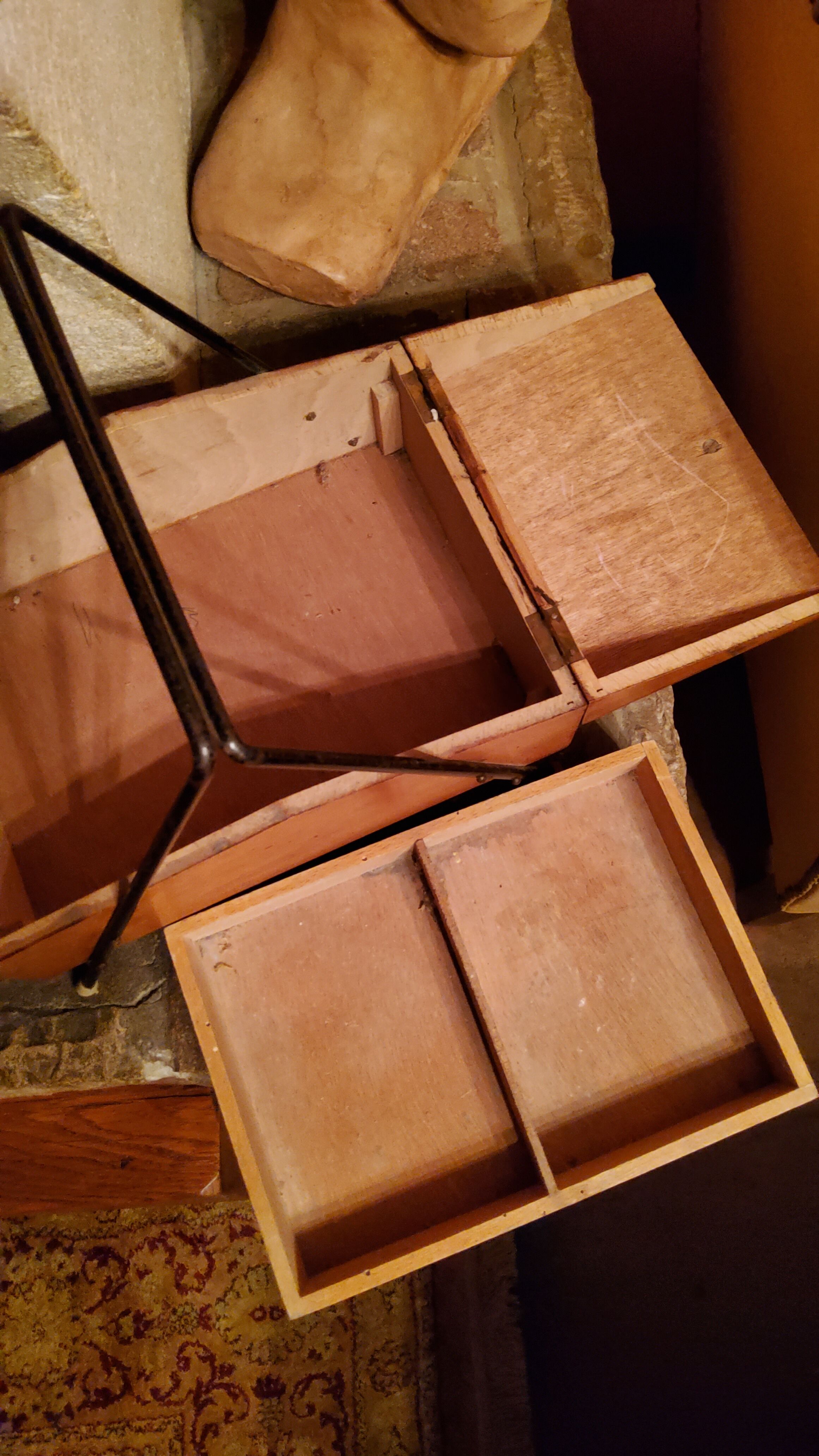 Sewing box from the 50s in wood and black metal