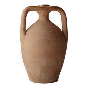 Vintage terracotta amphora vase from the 1930s, handcrafted Italian jug with two handles, fine linear decoration, rustic decoration, gift idea.