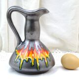 Vintage Italian mid-century iridescent black pottery vase/pitcher with red flame glaze, retro 1950s ceramic ornamental pitcher from Italy
