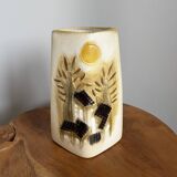 Beige-Yellow Chinese Ceramic Vase with Tactile Design Depicting Houses, Sun, Trees and Countryside