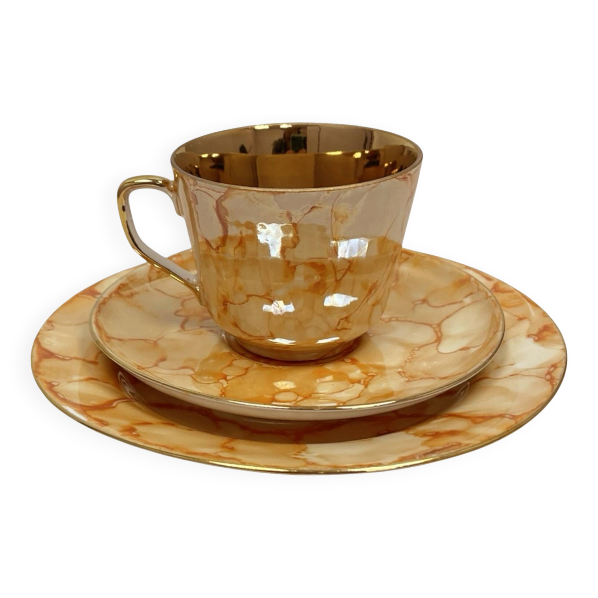 Ensemble de petit-déjeuner "Trio" de Chodzież – design marbré doré, époque PRL (années 1970).