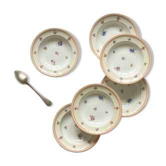 Lot de 6 petites assiettes creuses Limoges petites fleurs et dorure porcelaine Charles Ahrenfeldt