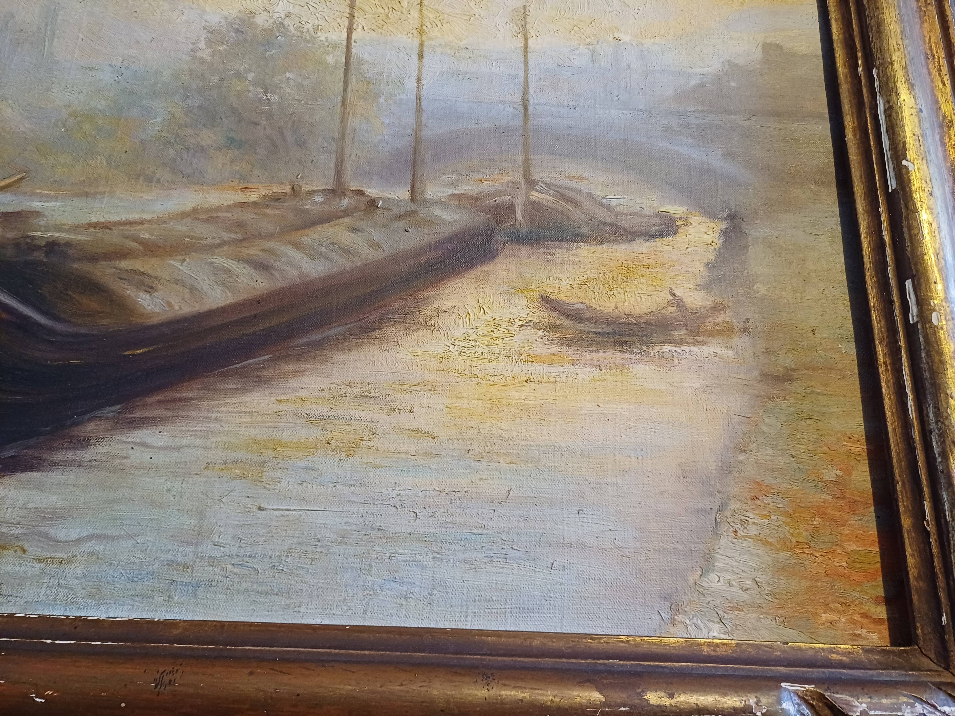 Oil on Canvas 19th Yvonac Annurey R "Barge"