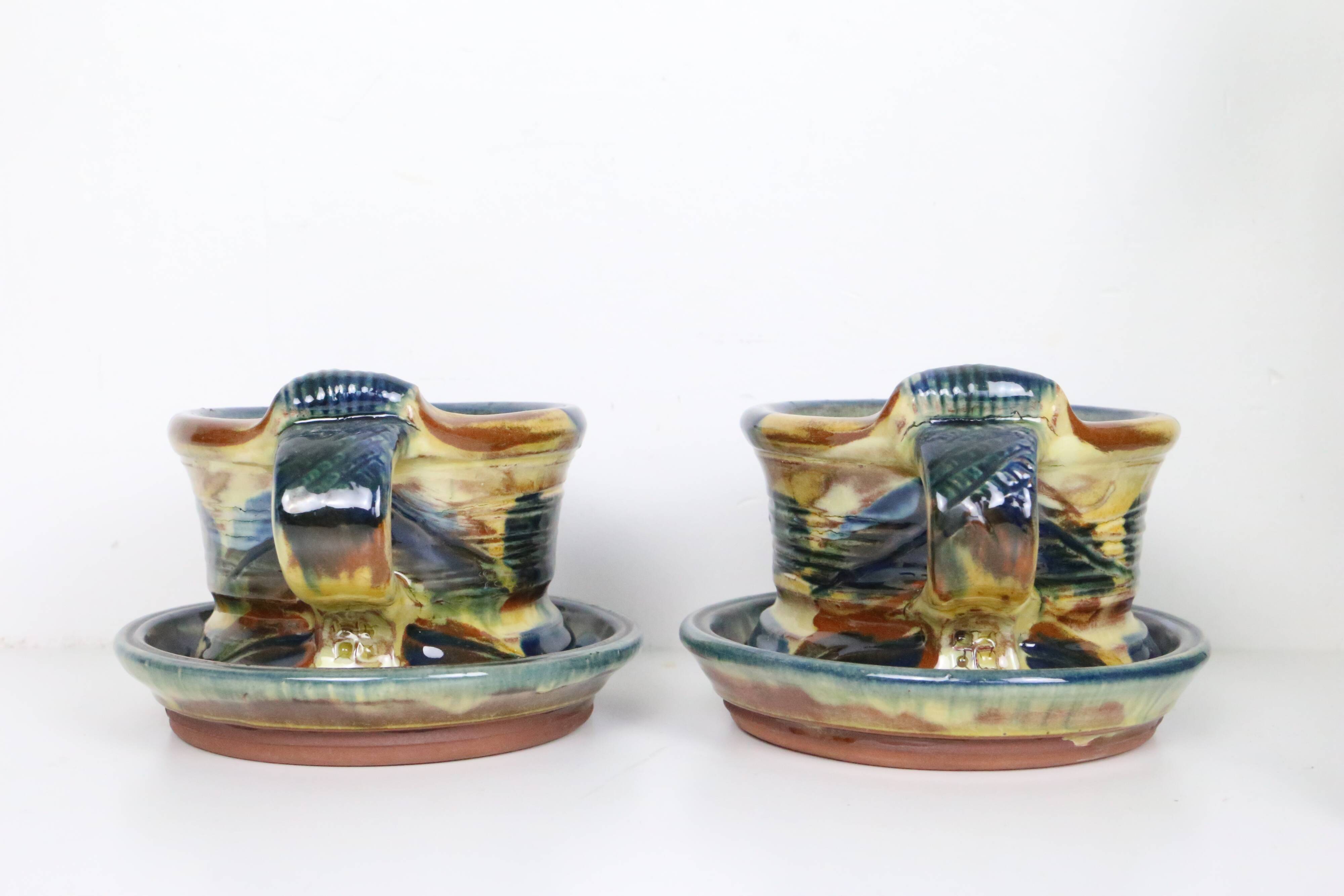 Set of 2 stoneware mugs with saucers, artisanal pottery, 1980