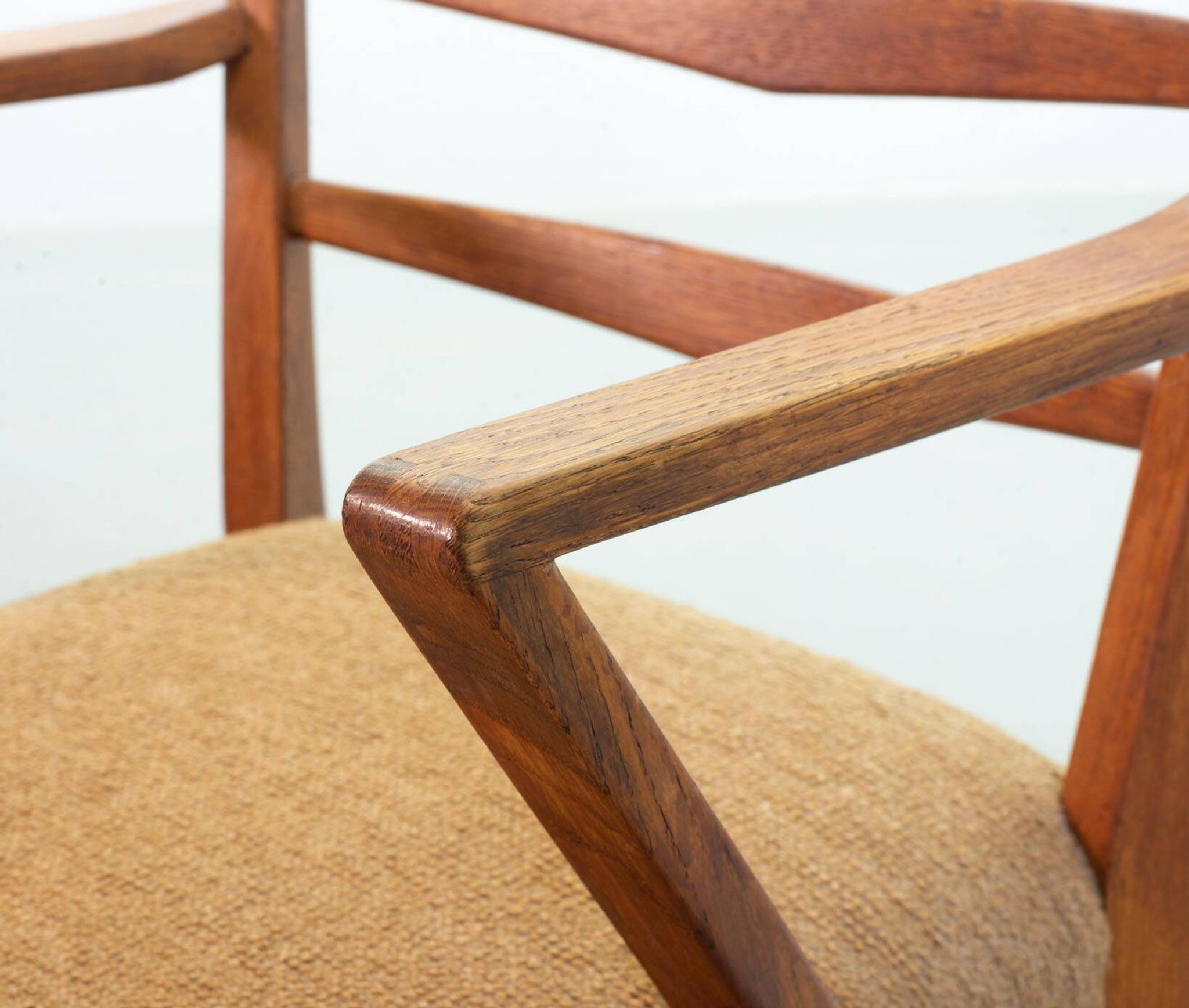 Cees Braakman Dutch Design Wooden Ladder Arm Chairs & Caramel Bouclé Fabric