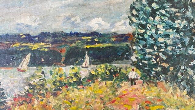 Oil on canvas landscape with 2 boats