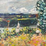 Oil on canvas landscape with 2 boats
