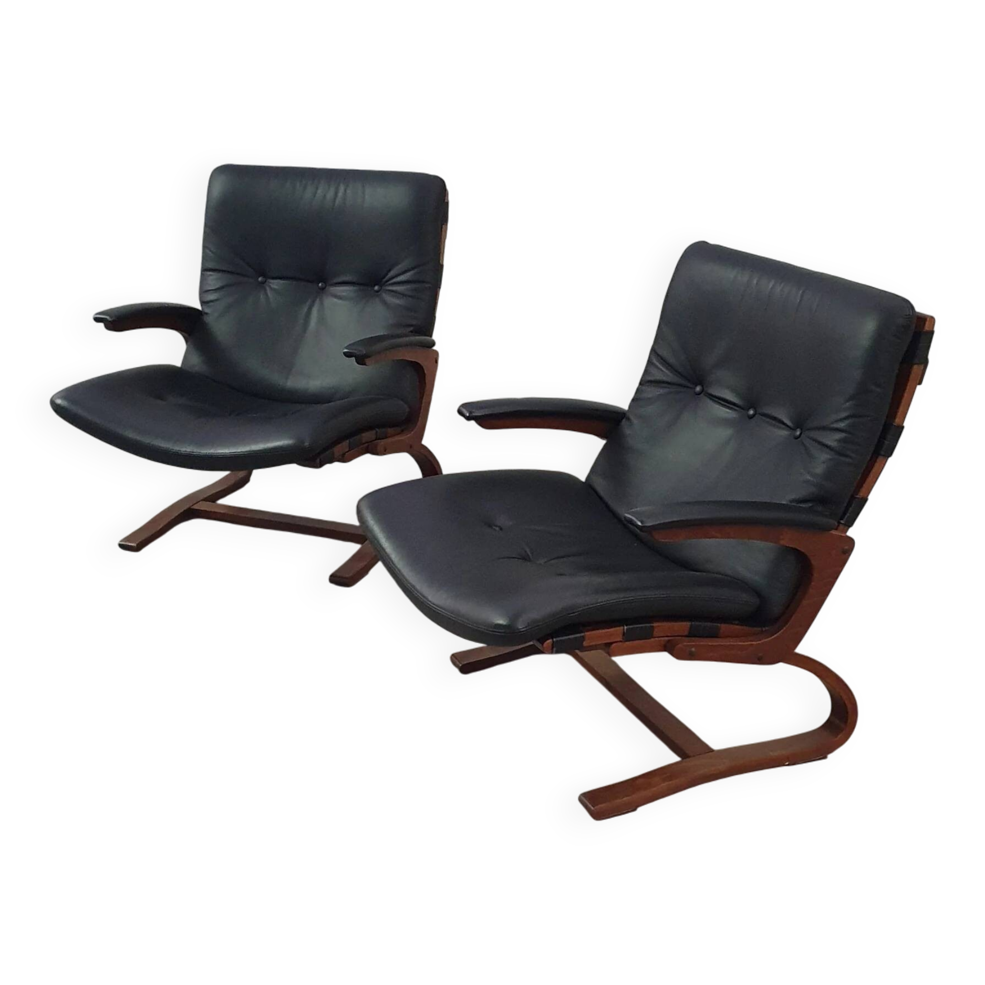 2 x Scandinavian black leather lounge chairs