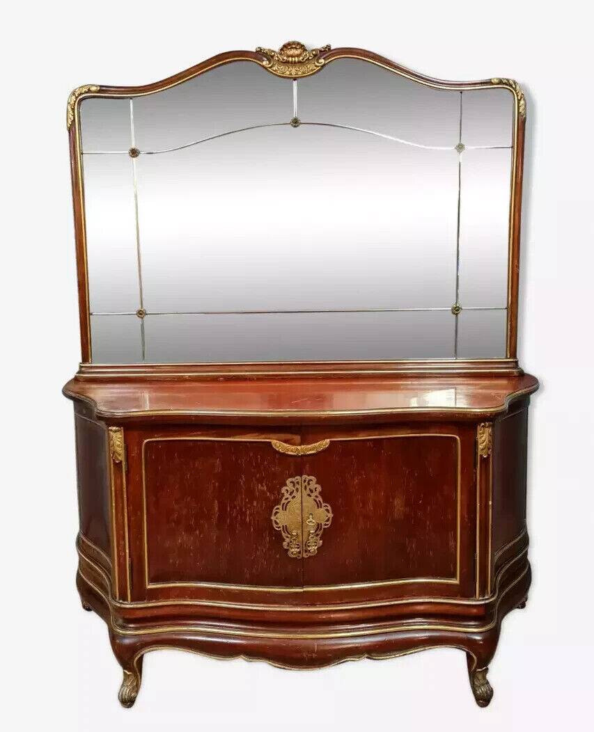 Japanese-style curved door chest of drawers in mahogany and gilded wood sold with its psyche mirror