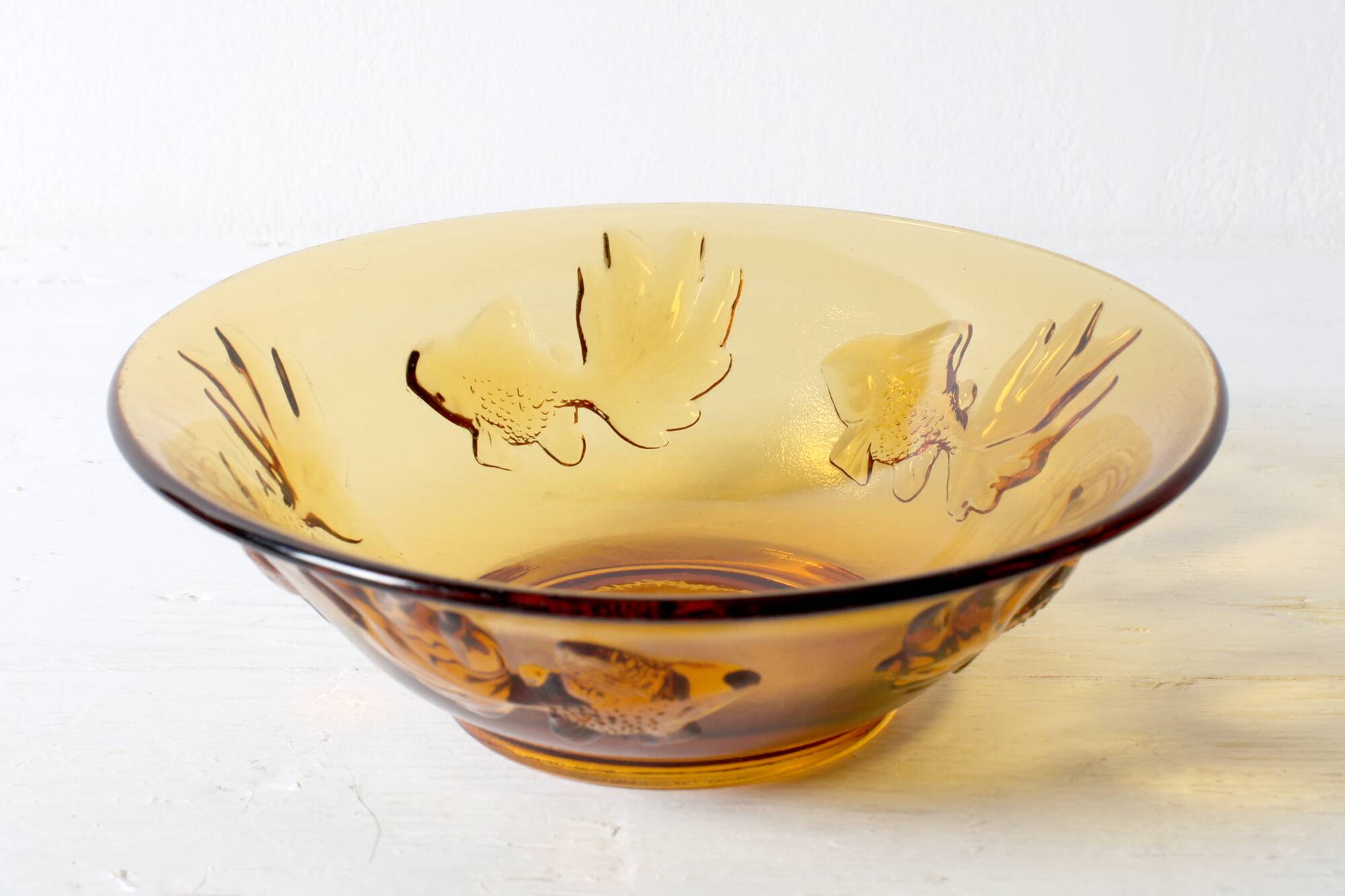 Vintage Amber Glass Bowl with Embossed Fish Pattern / Czech Repulic / 1980s