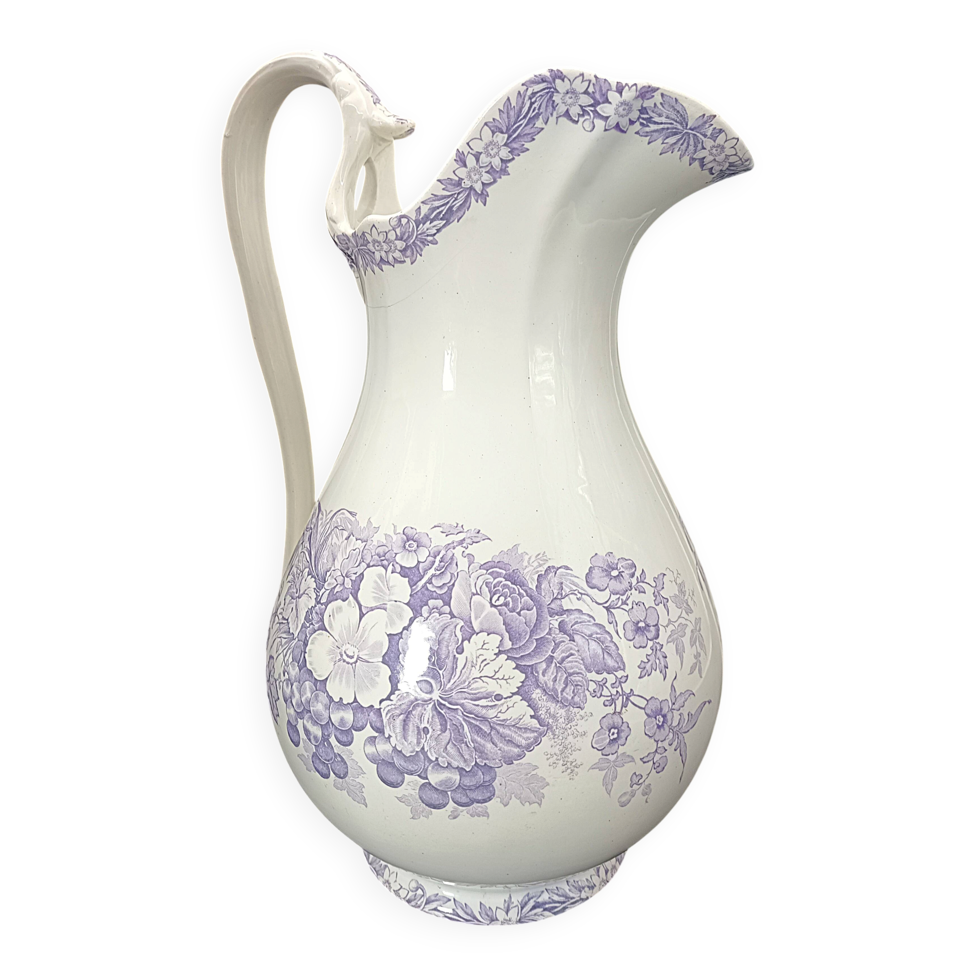Large antique toilet bowl by Jules Vieillard Bordeaux with violet floral decoration.
