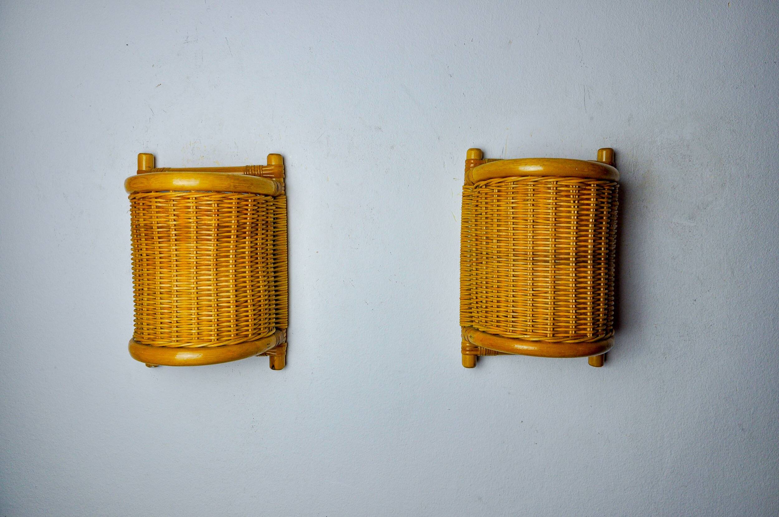 Pair of rattan sconces, France, 1960