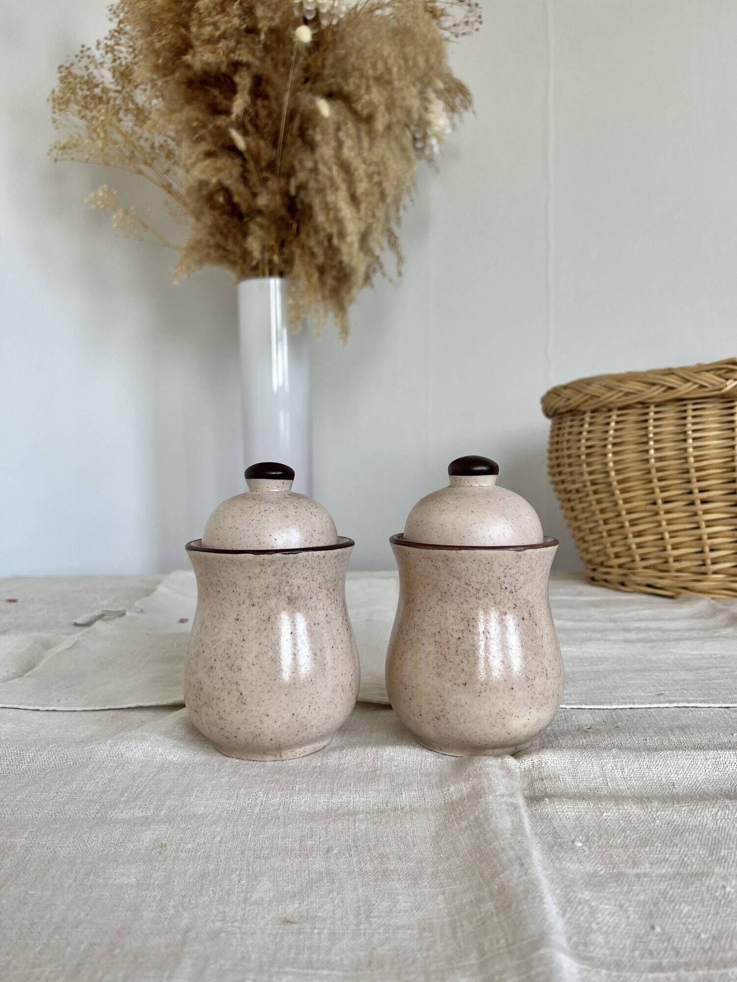 Set of 2 vintage ceramic sugar and coffee condiment pots with stoneware effect