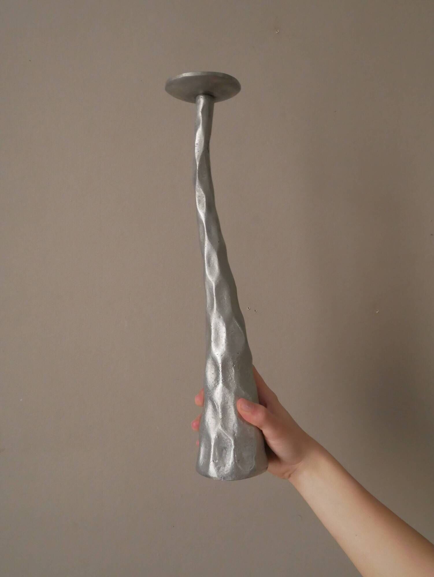 Pair of brushed aluminum candle holders sculpted contemporary brutalist design handmade sculptures