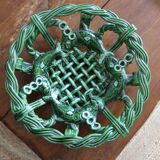 Antique woven basket in green glazed ceramic, fish decoration