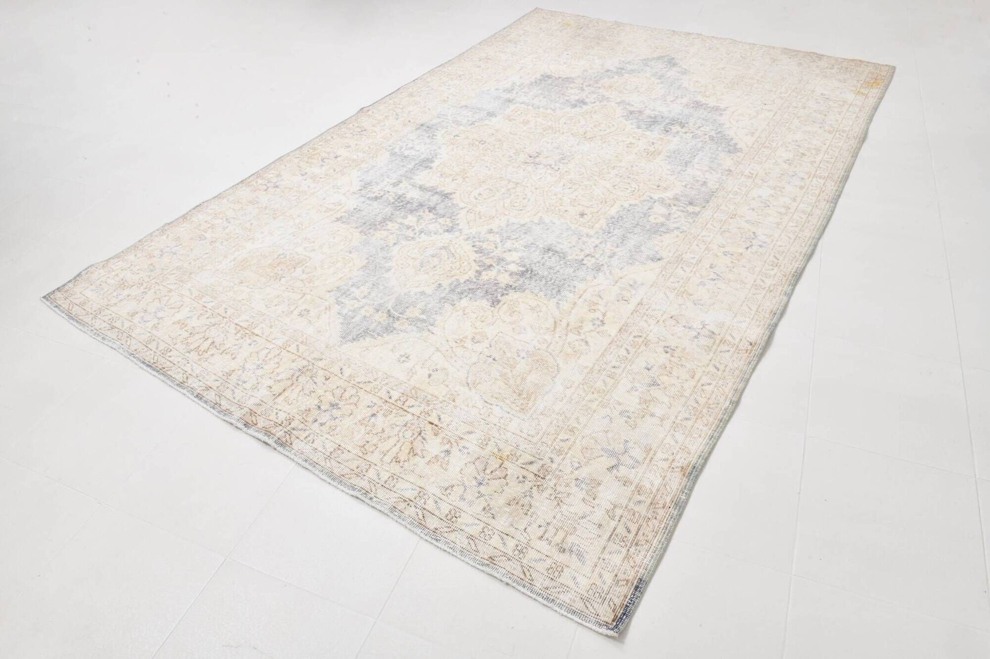 Vintage Light Blue & Cream Turkish Rug, Oriental Pattern Bedroom Carpet