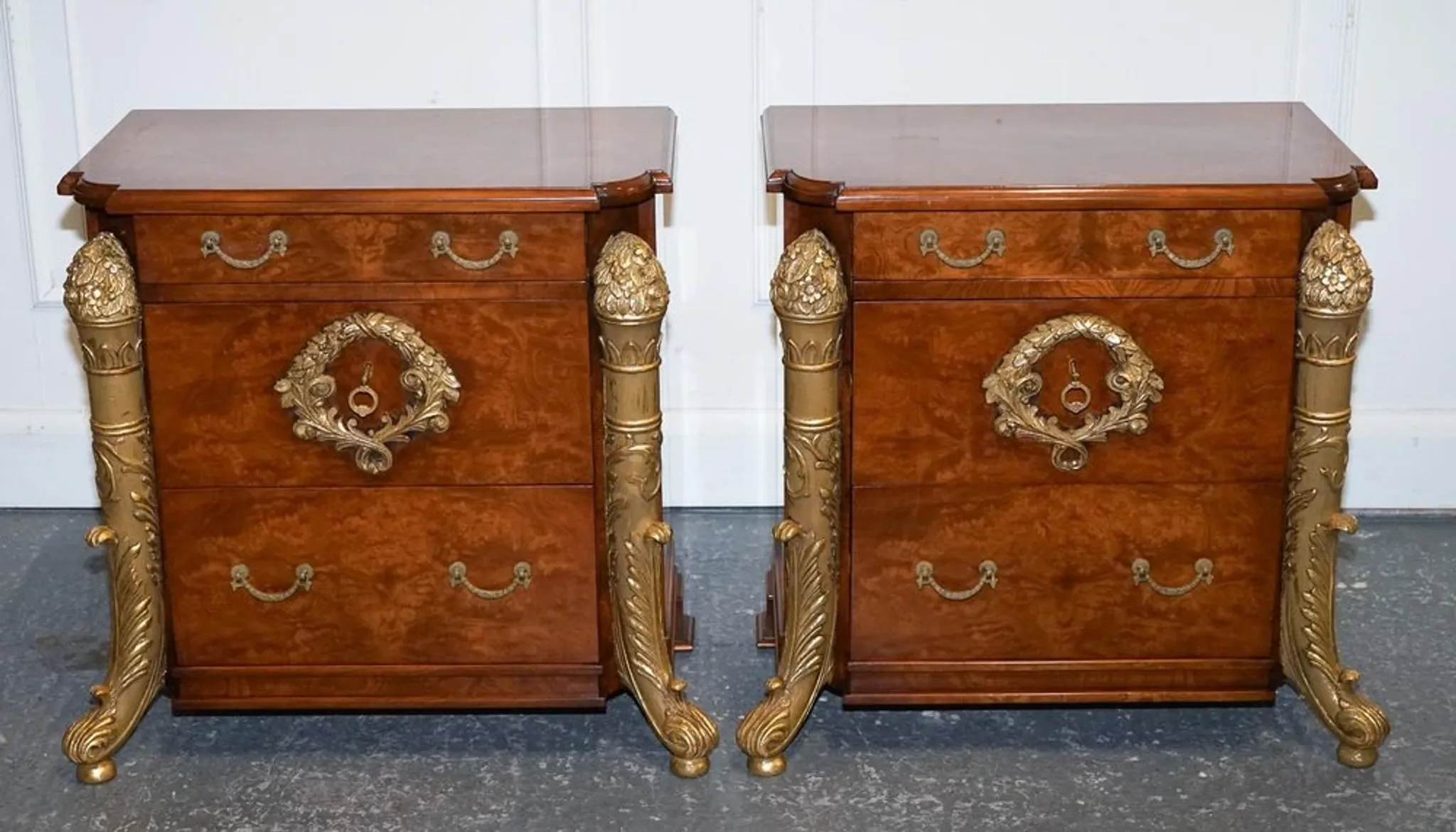 Empire Style Nightstands in Golden Walnut Burl, Set of 2