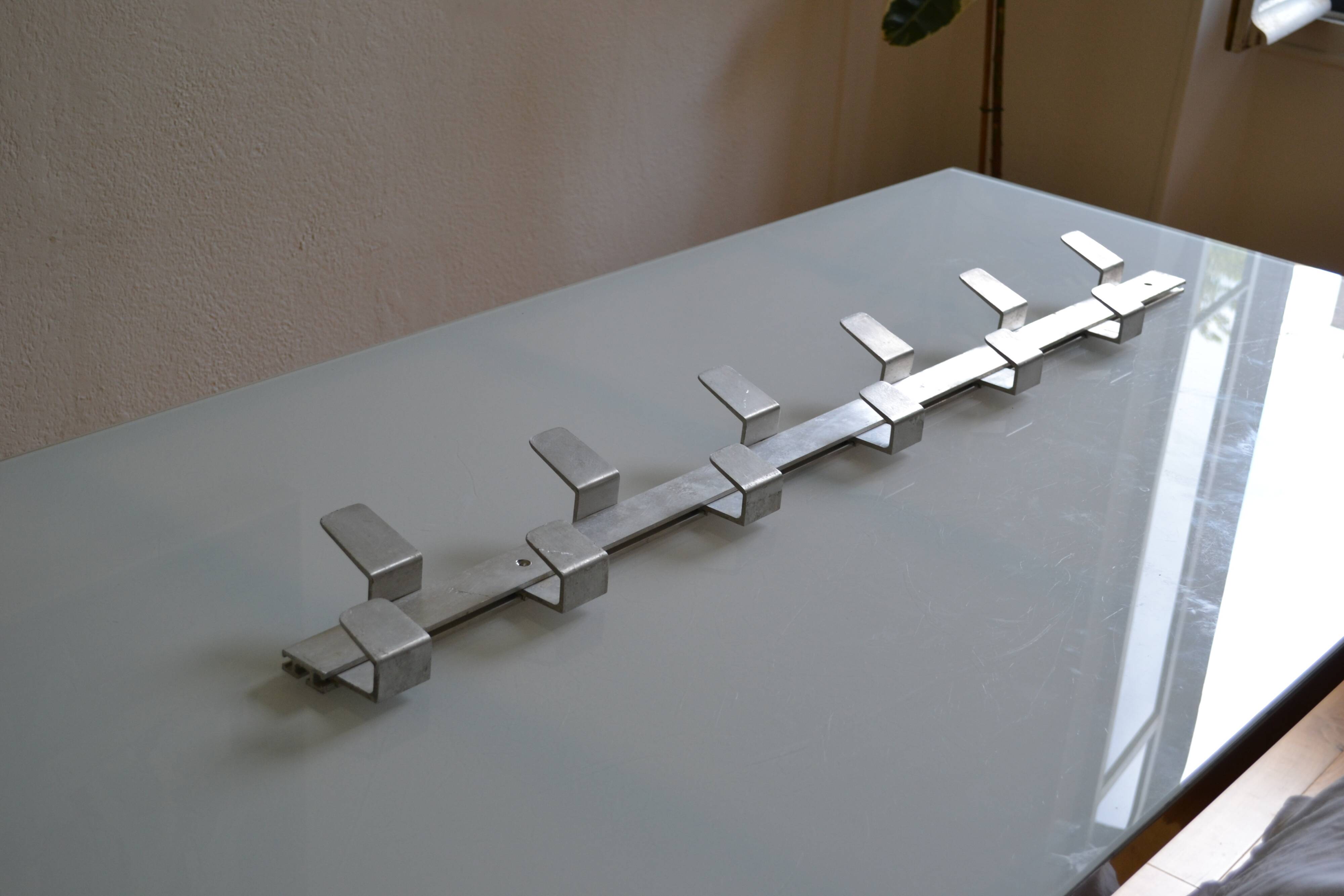 Vintage 70s brushed aluminum metal 12-hook wall coat rack