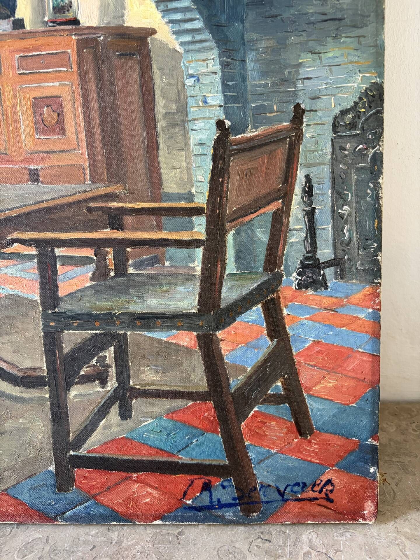 Interior of a Flemish house, oil on canvas signed
