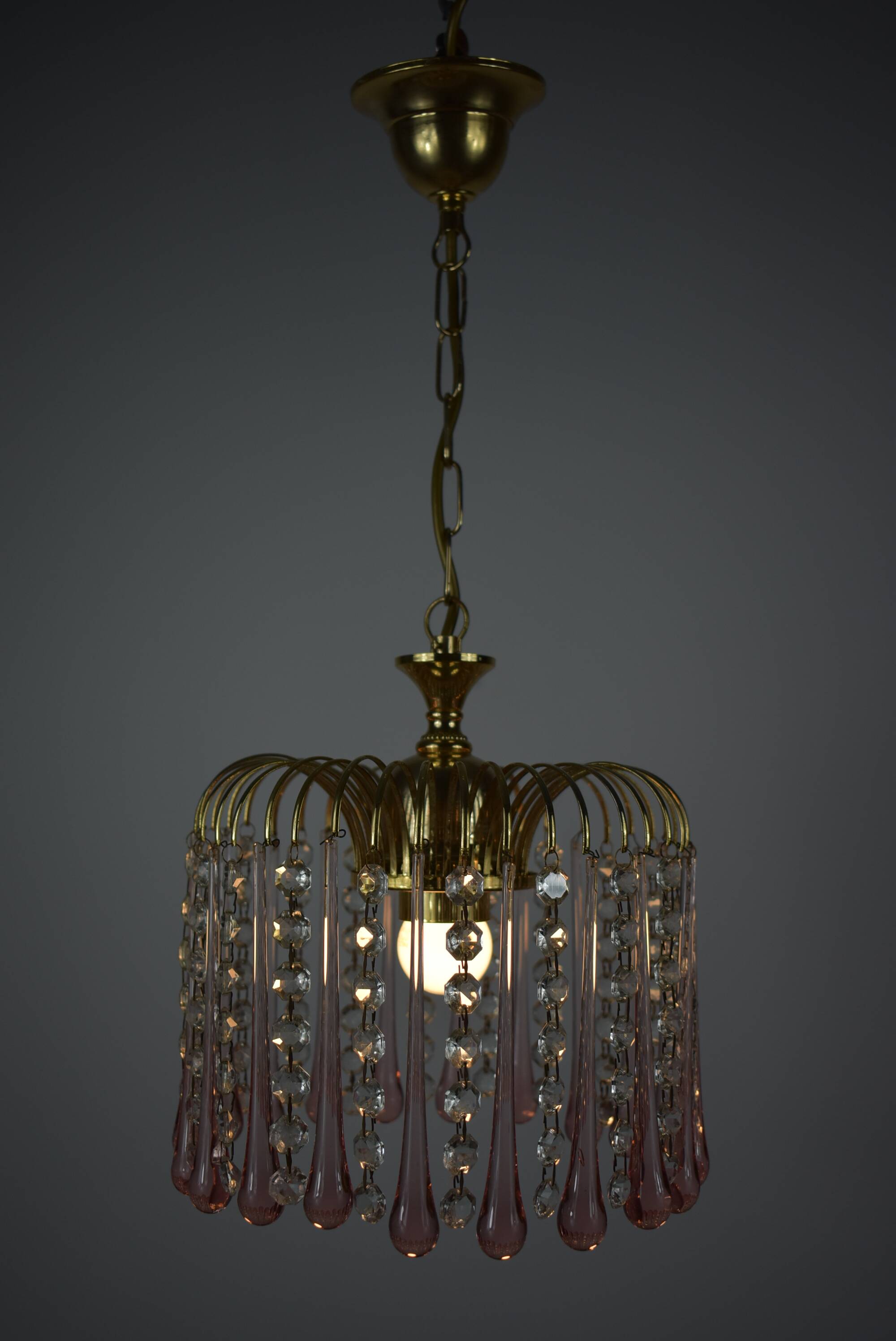 chandelier glass stamps, pink glass drops.