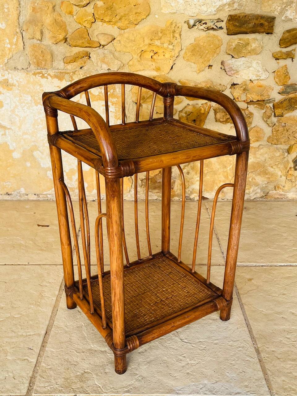 Vintage bamboo and wicker bedside table with 2 shelves, circa 1970