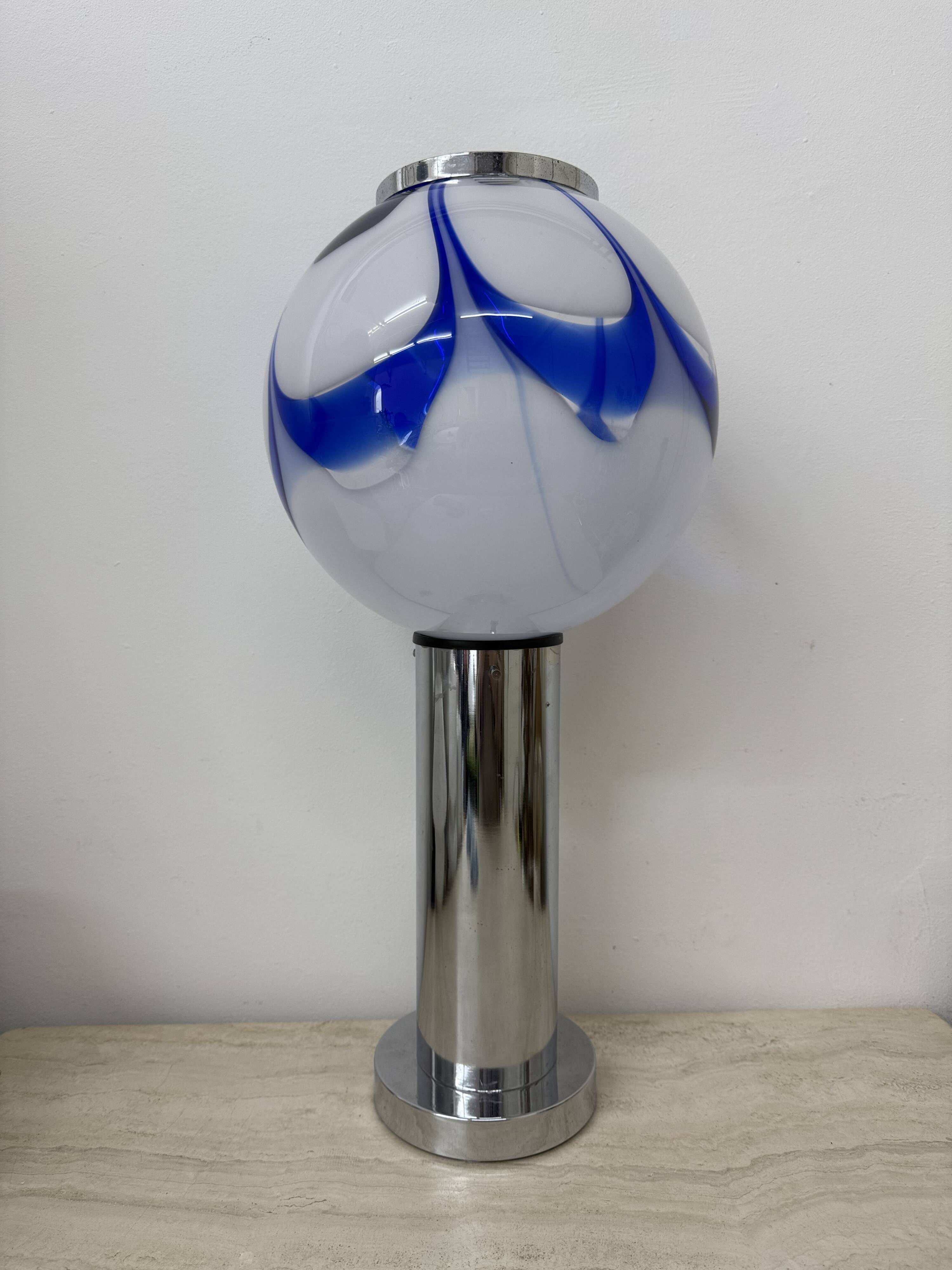 Mid – century Large glass table lamp with blue swirl , 1970s Italy