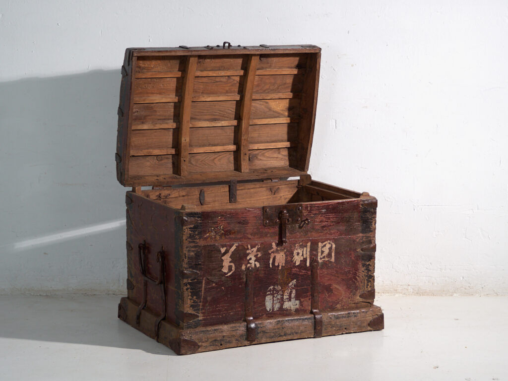 Antique iron-reinforced pine wood chest – China, circa 1900