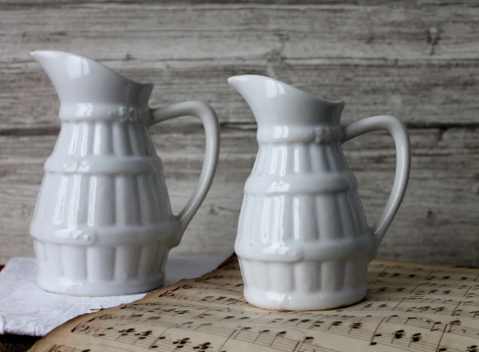2 old french pitchers in white ceramic, circa 1960