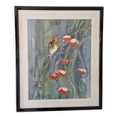 Aquarelle originale encadrée oiseau sur sorbier enneigé