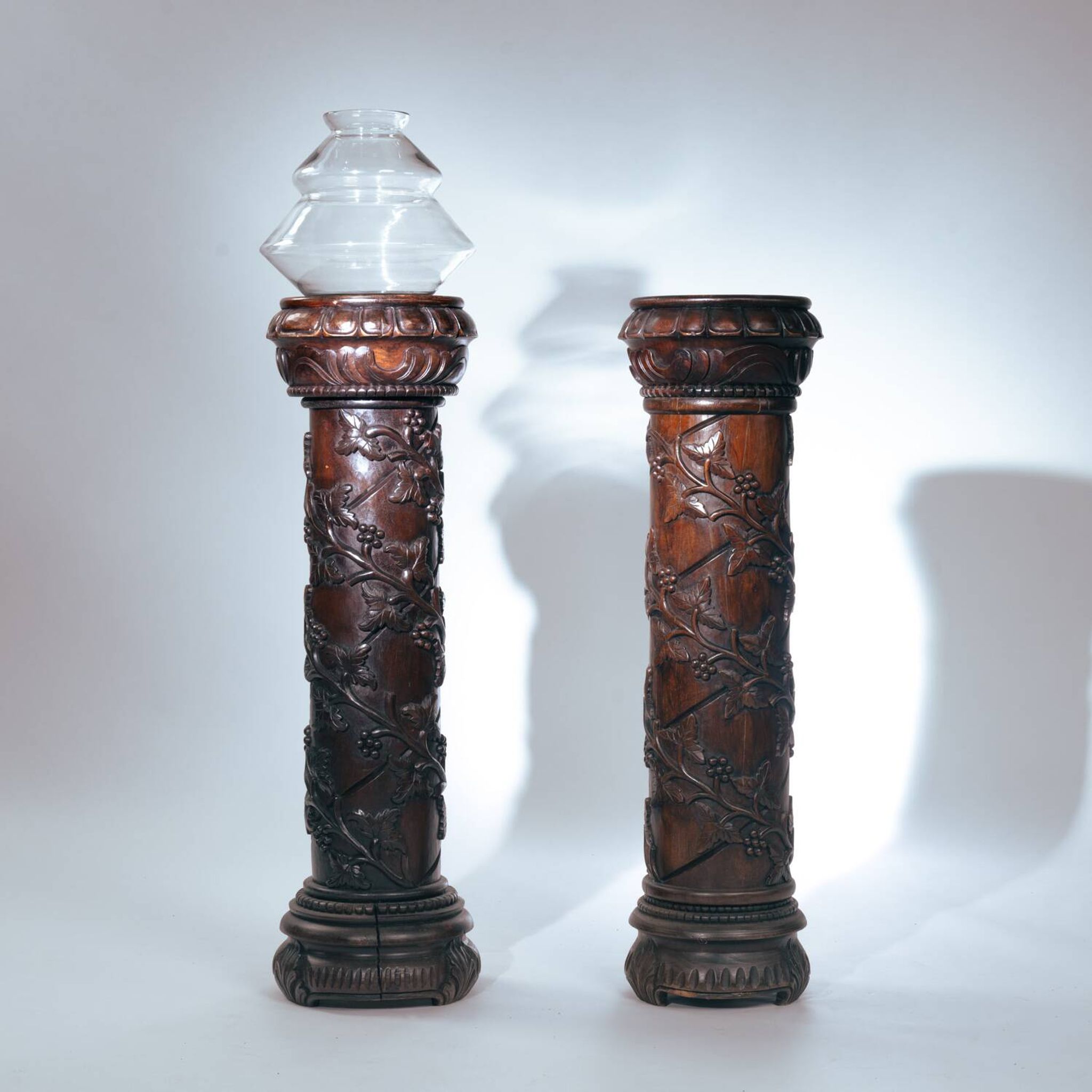 2 wooden pedestals column with Hand-Carved Grapevine Motif, France 1950s