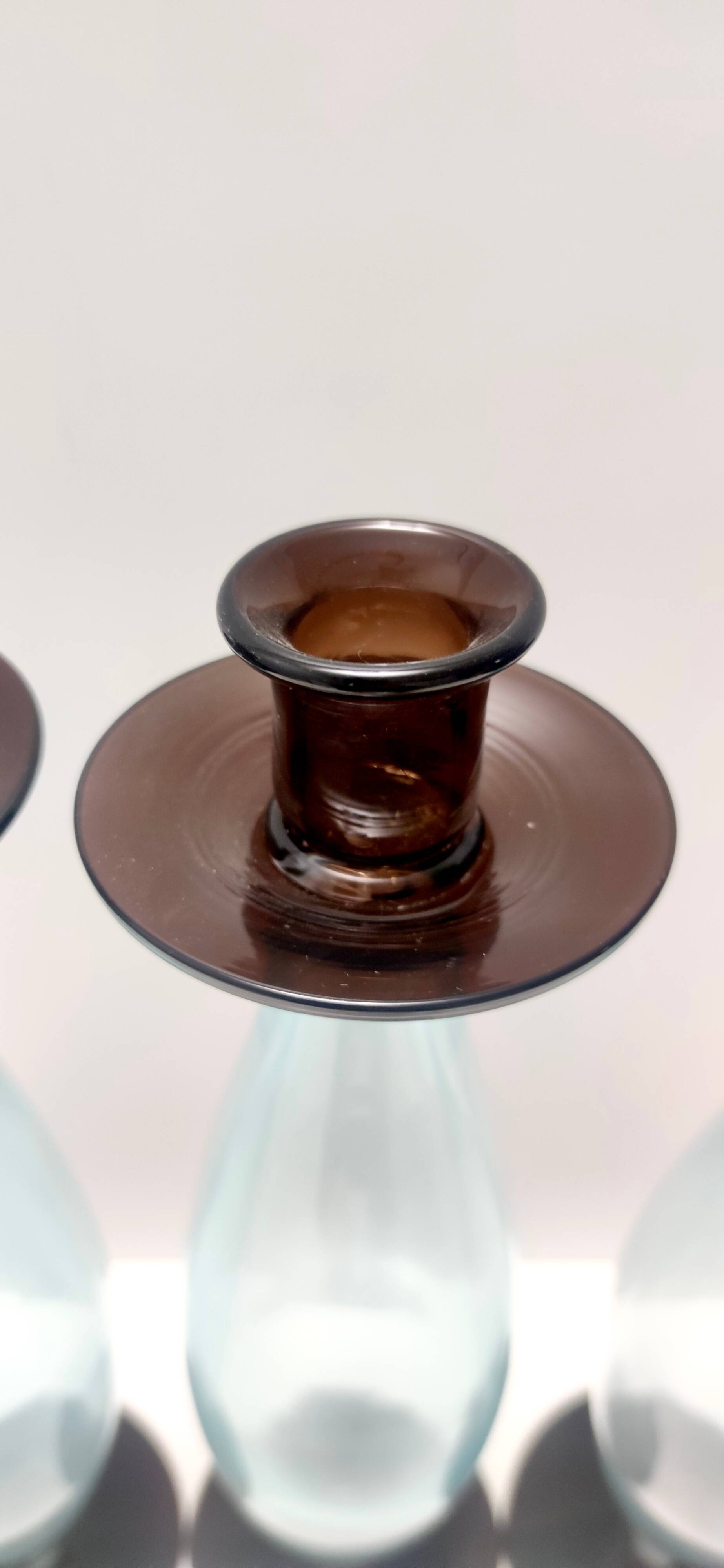 Set of Three Aquamarine and Brown Murano Glass Candleholders, Italy