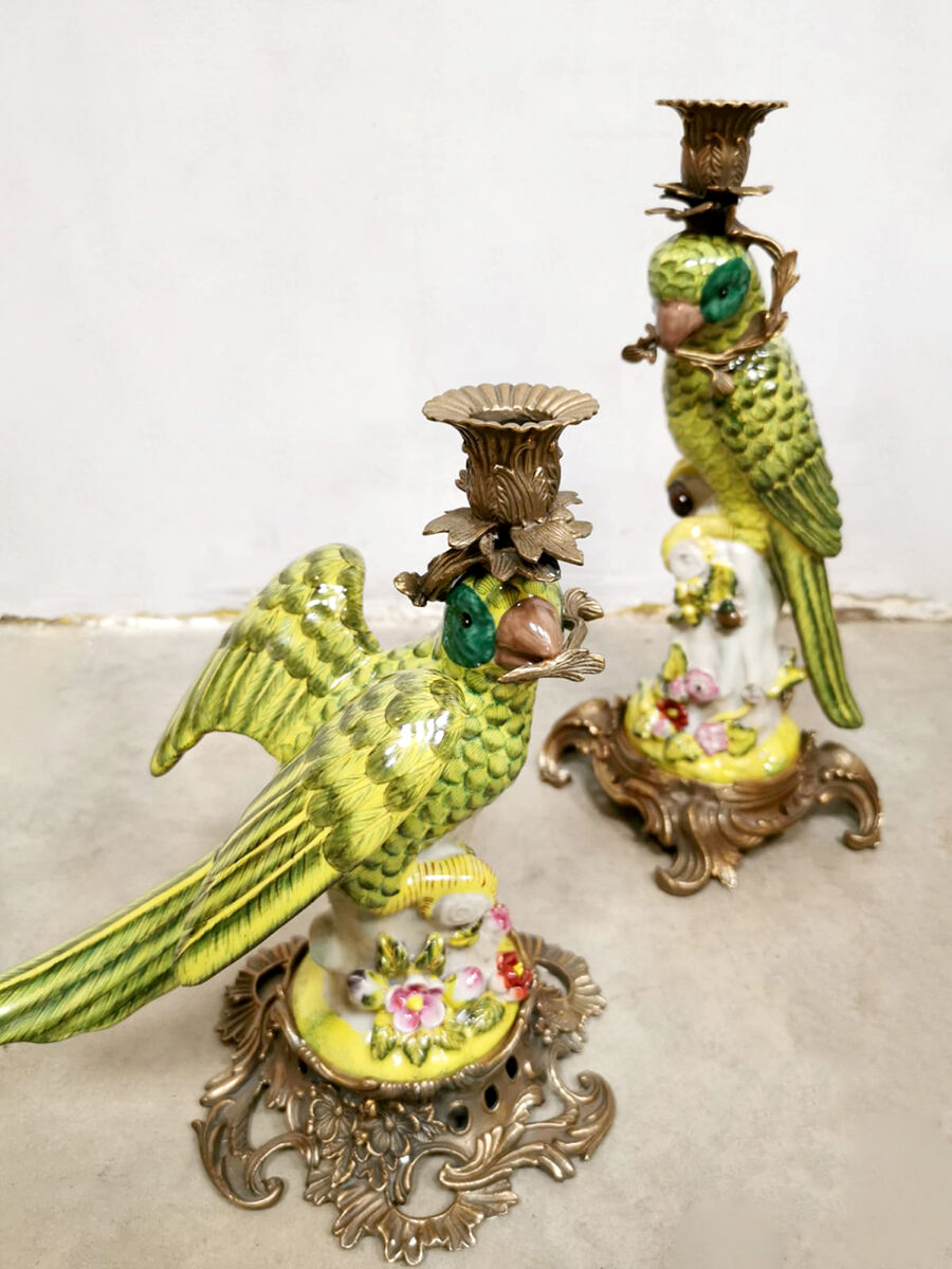 Set of 2 decorative brass candle holders porcelain parrots