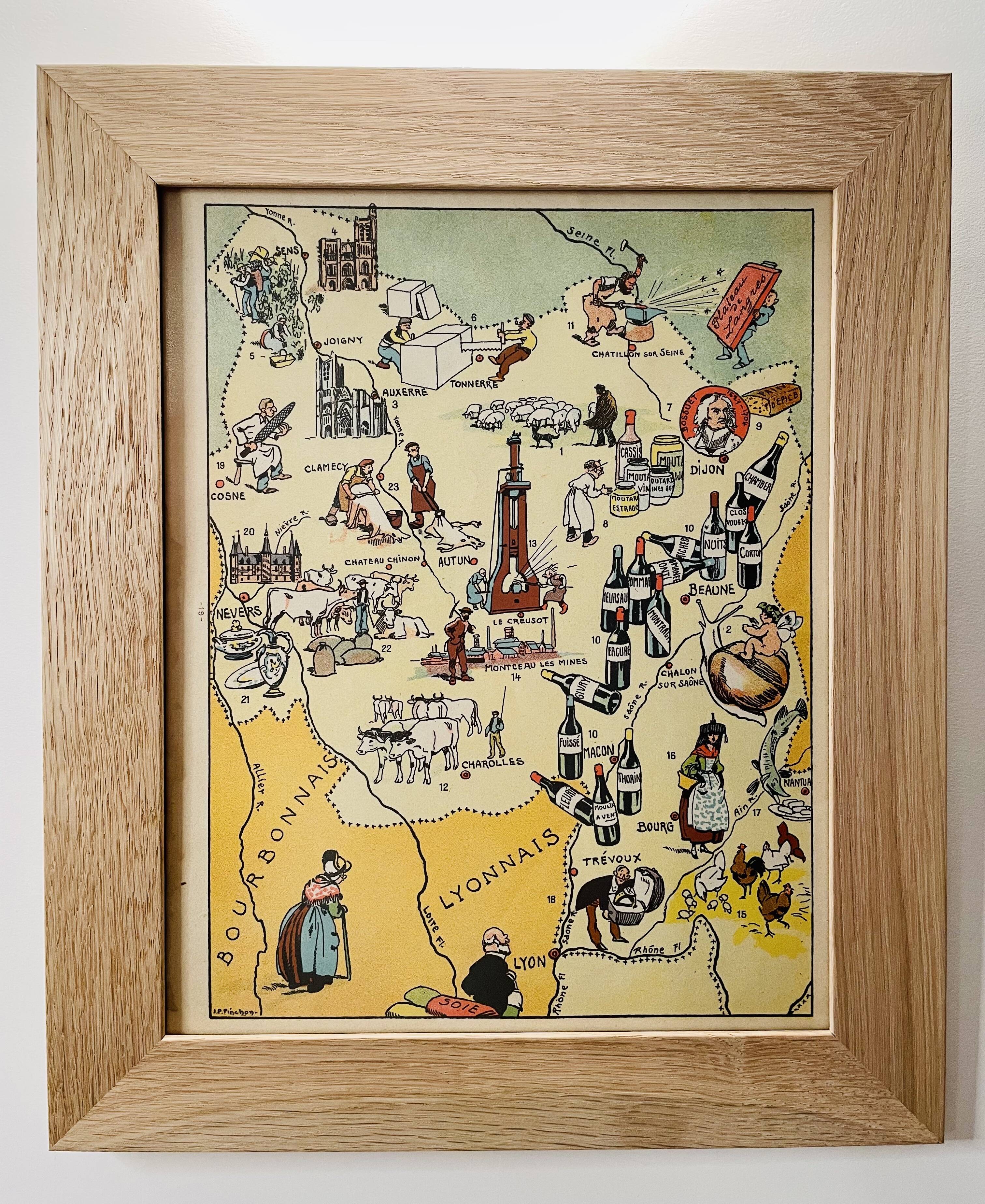 Old illustrated map of Burgundy from 1945 by JP Pinchon