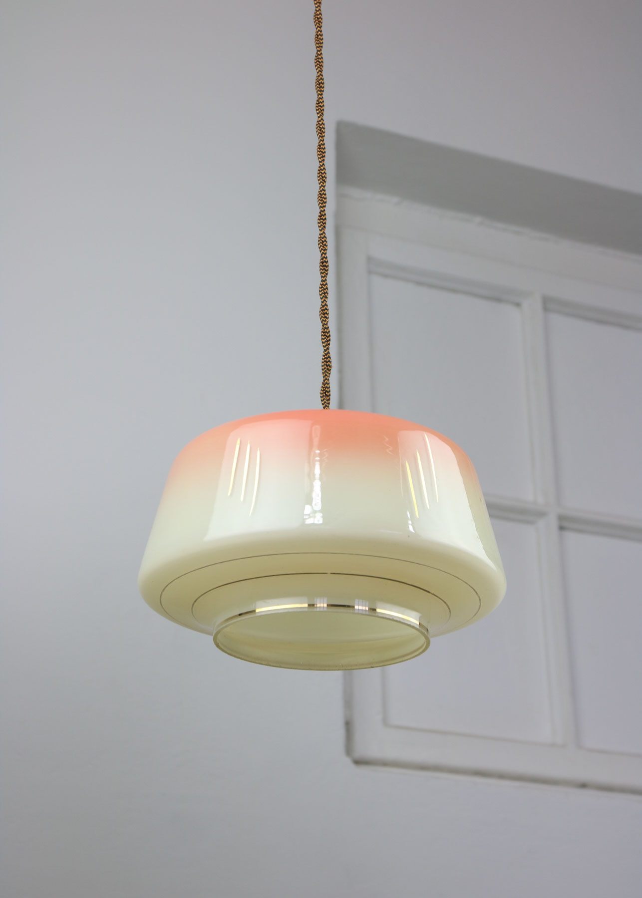 Vintage glass & brass salmon pendant lamp
